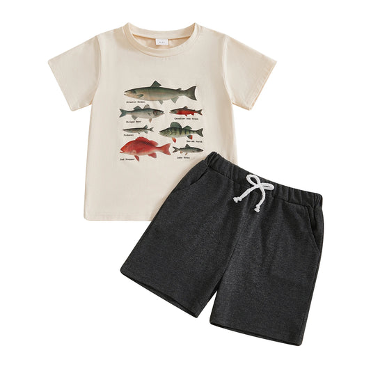 Baby Toddler Boy 2Pcs Outfit Fish Chicken Short Sleeve T-Shirt Top and Solid Shorts 2 Piece Set