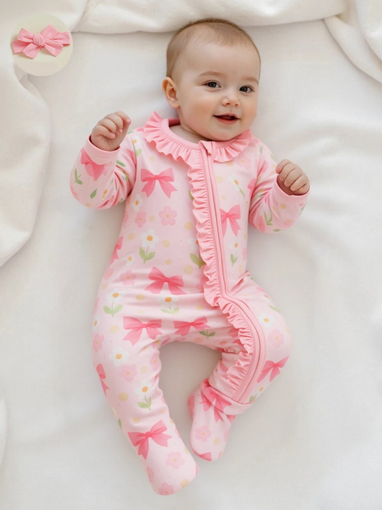 Baby Girl 2Pcs Footed Zipper Romper Floral Print Long Sleeve Zip Up Round Neck Ruffled Jumpsuit with Headband Set