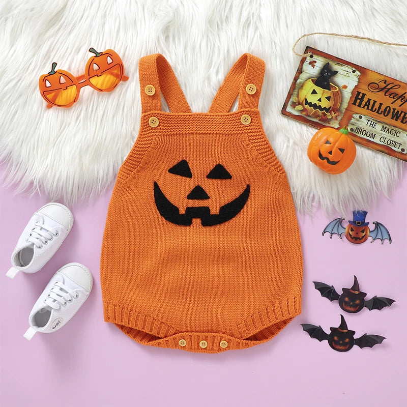 Baby Boys Girls Knit Romper Sleeveless Pumpkin Face Jack O Lantern Bodysuit Overalls Halloween