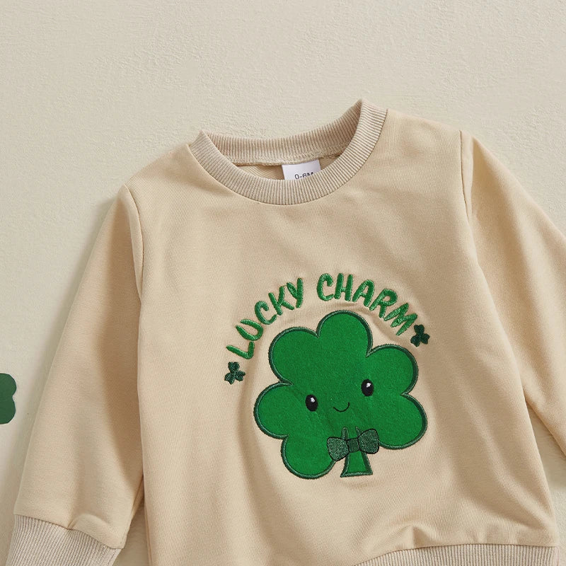 Baby Toddler Boys Girls 2Pcs Spring Outfit Lucky Charm Shamrock Letter Embroidery Long Sleeve Crew Neck Top with Drawstring Pants Jogger Set