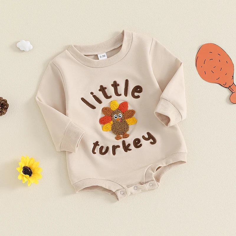Baby Boys Girls Little Turkey Thanksgiving Romper Letter Print Turkey Embroidery Long Sleeves Round Neck Bubble Jumpsuit