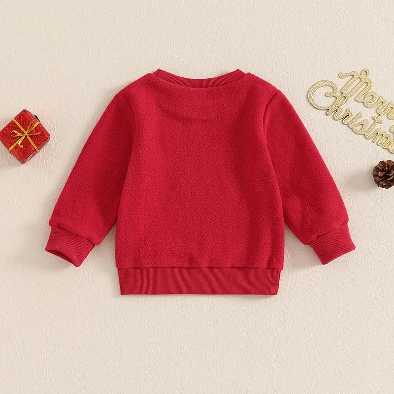 Baby Toddler Kids Girls Boys Christmas Fleece Top Santa Baby Letter Embroidery Crew Neck Long Sleeve Pullover Top