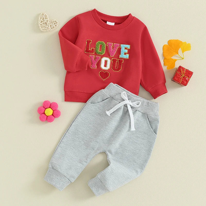 Toddler Baby Boys Girls 2Pcs Valentine's Day Outfits Letter Fuzzy LOVE YOU heart Embroidered Long Sleeve Top With Pants Set