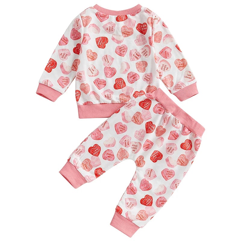 Baby Toddler Girls 2Pcs Valentine's Day Outfit Candy Heart Print Long Sleeve Crewneck Top Elastic Waist Long Pants with Pockets Jogger Set