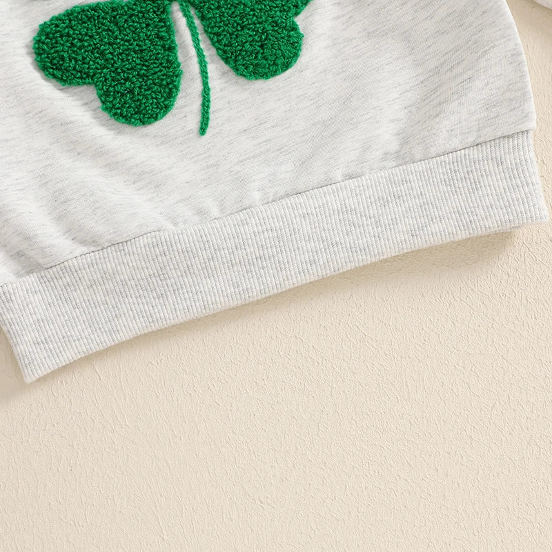 Baby Toddler Girl Boy St. Patrick's Day Casual Four Leaf Clover Shamrock Embroidery Long Sleeve Crewneck Top