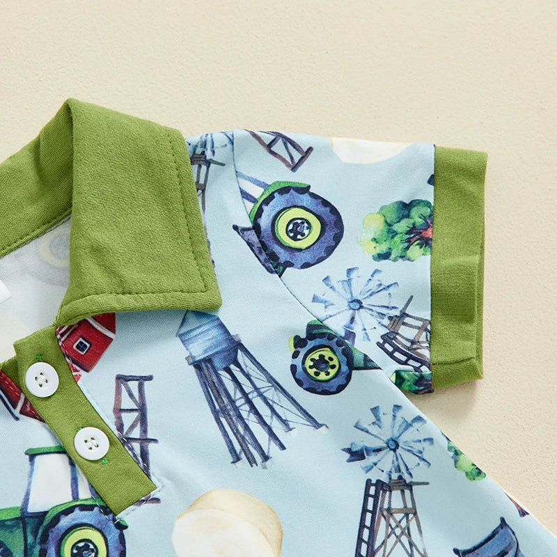 Baby Boys Summer Button Collar Romper Short Sleeve Lapel Western Cowboy Horse Tractor Farm Cactus Cow Print Jumpsuit