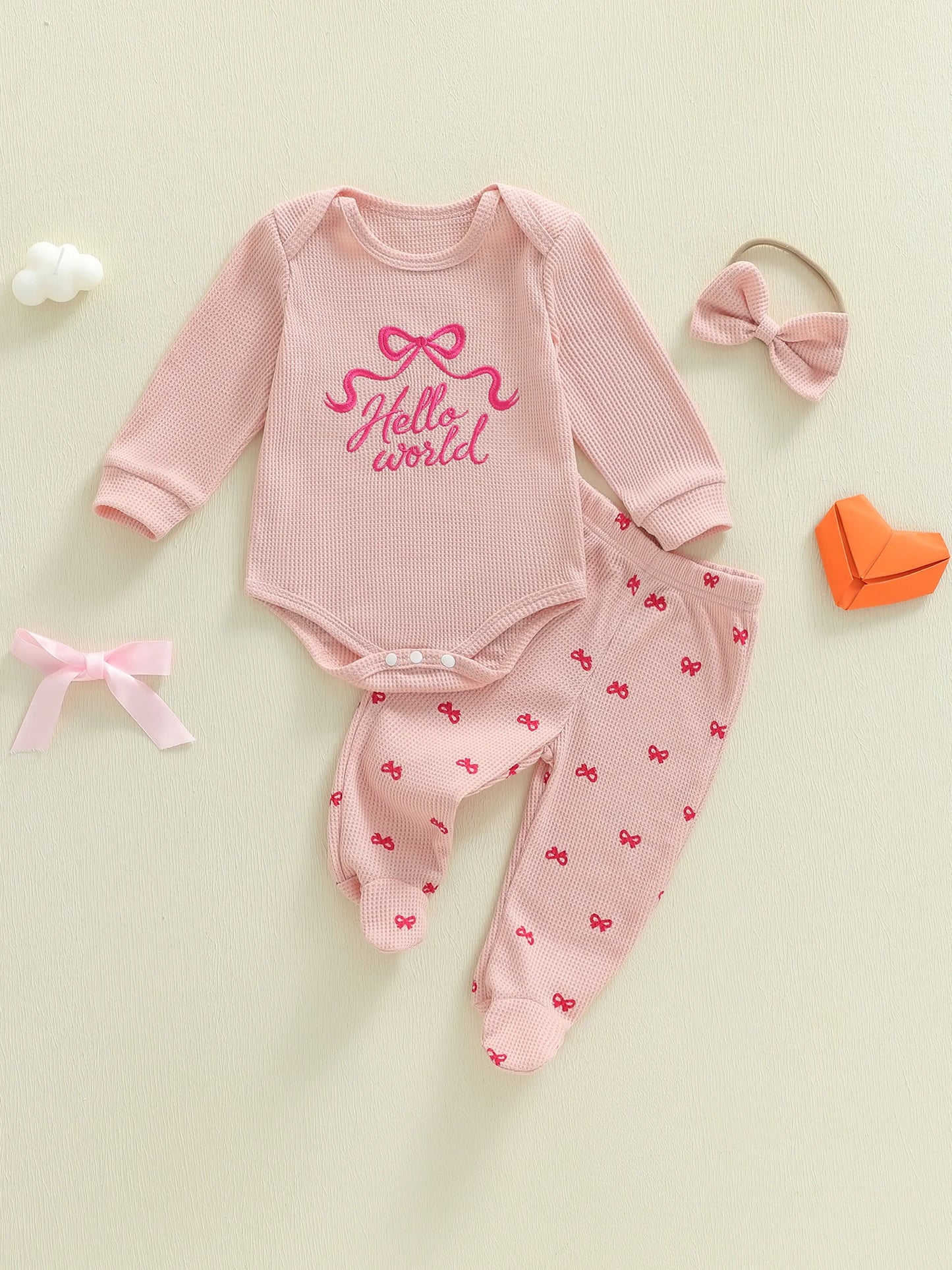 Baby Girl 3Pcs Hello World Spring Outfits Waffle Bow Letter Embroidered Long Sleeve Romper Footie Pants and Bow Headband 3 Pcs Set