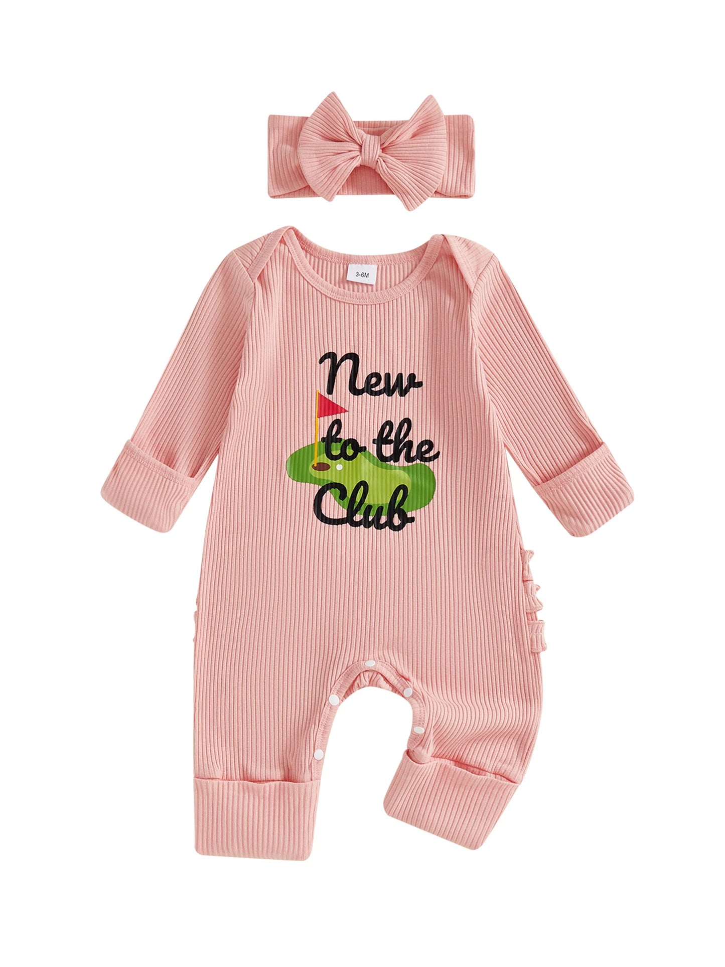 Baby Girl 2Pcs Fall Outfit Golf Goose Bee Print New to the Hive / Club Long Sleeve Ribbed Romper with Bow Headband 2Piece Set