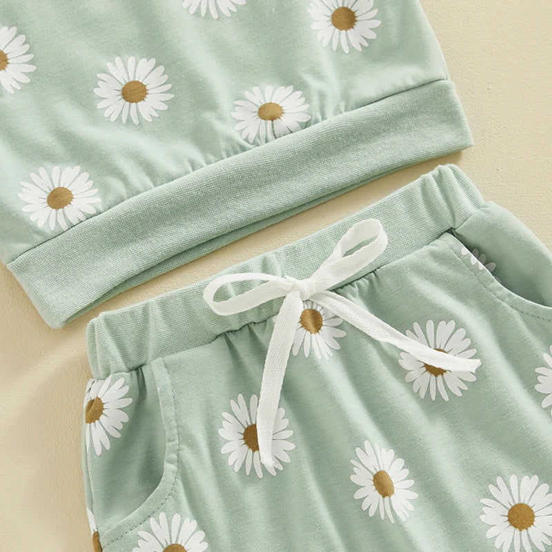 Baby Toddler Girls 2Pcs Spring Summer Clothes Short Sleeve Daisy Flower Print Crew Neck Top Elastic Rolled Shorts Set Outfit