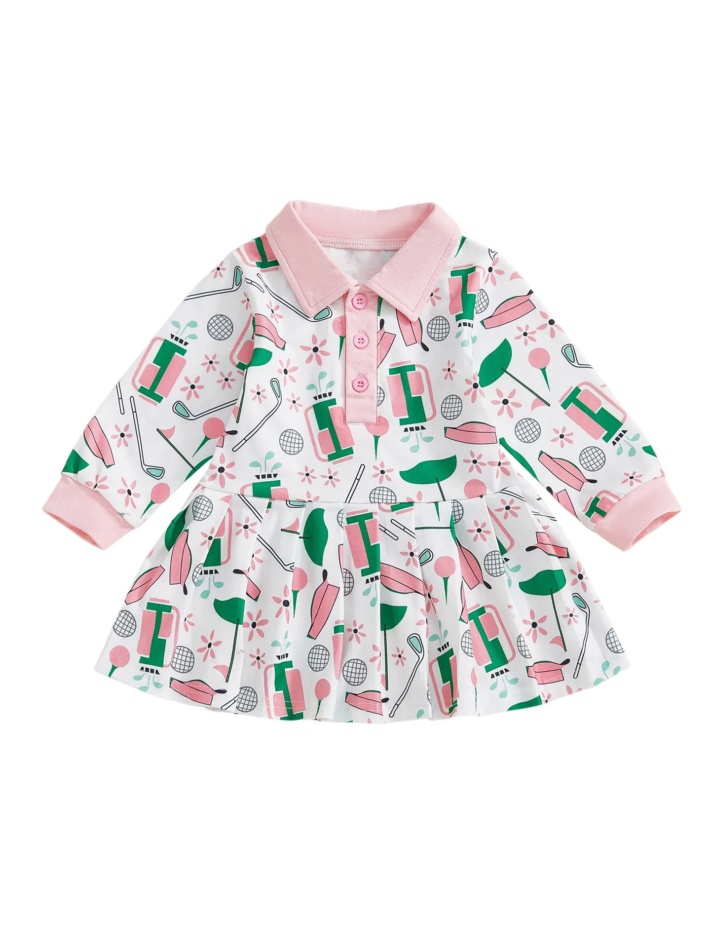 Baby Toddler Girl Golf Print Dress Lapel Button Front Long Sleeves A Line Dress