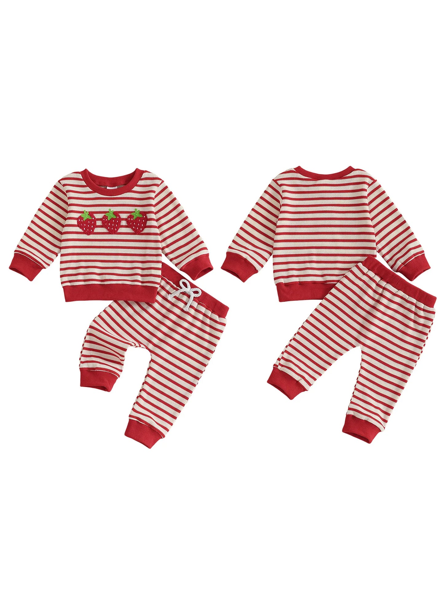 Baby Toddler Girls 2Pcs Autumn Pants Sets Strawberry Embroidery Long Sleeve Top Striped Pants Set