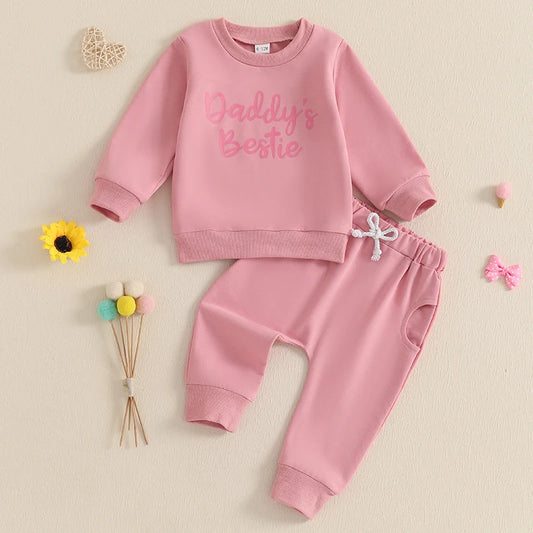 Baby Toddler Girls 2Pcs Daddy's Bestie Outfit Letter Print Long Sleeve Crewneck Top with Solid Pants Jogger Set