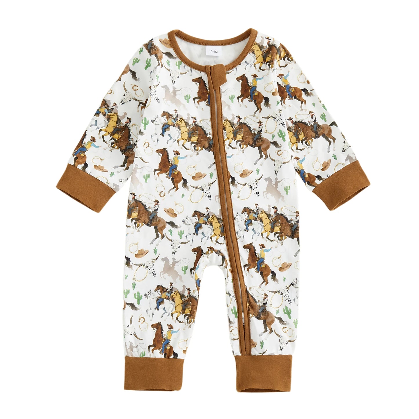 Baby Boy Western Zipper Romper Cactus Horse Print Long Sleeve Zip-up Jumpsuit Casual Infant Clothes