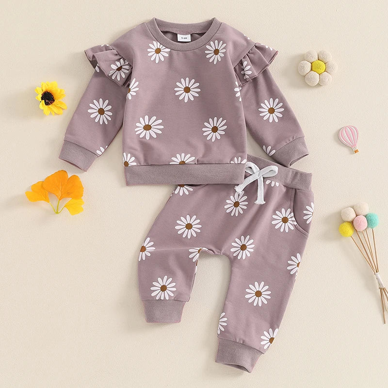 Baby Toddler Girls 2Pcs Fall Outfit Daisy Flower Print Long Sleeve Top with Elastic Waist Pants Set