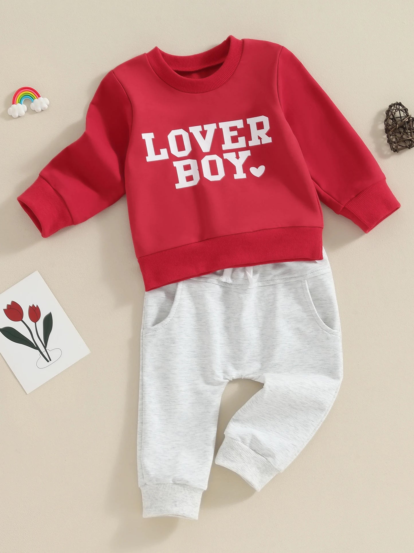 Toddler Baby Kids Boys 2Pcs Valentine's Day Clothes Long Sleeve Pullover Crewneck Lover Boy Top Pants Outfit Set