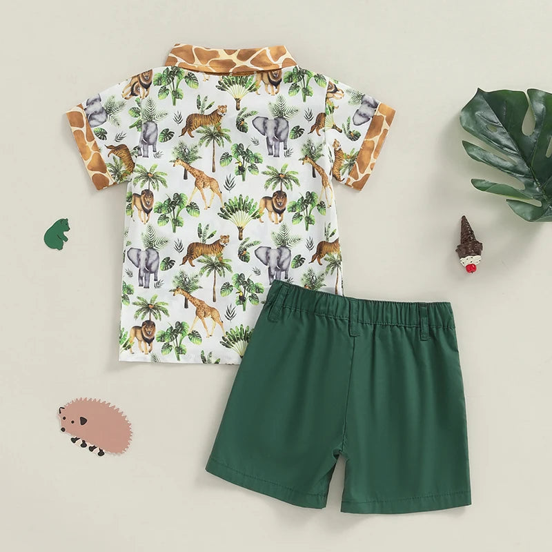 Baby Toddler Boys 2Pcs Summer Outfit Animals Giraffe Elephant Lion Print Turn-Down Collar Short Sleeve Top Shorts Clothes Set