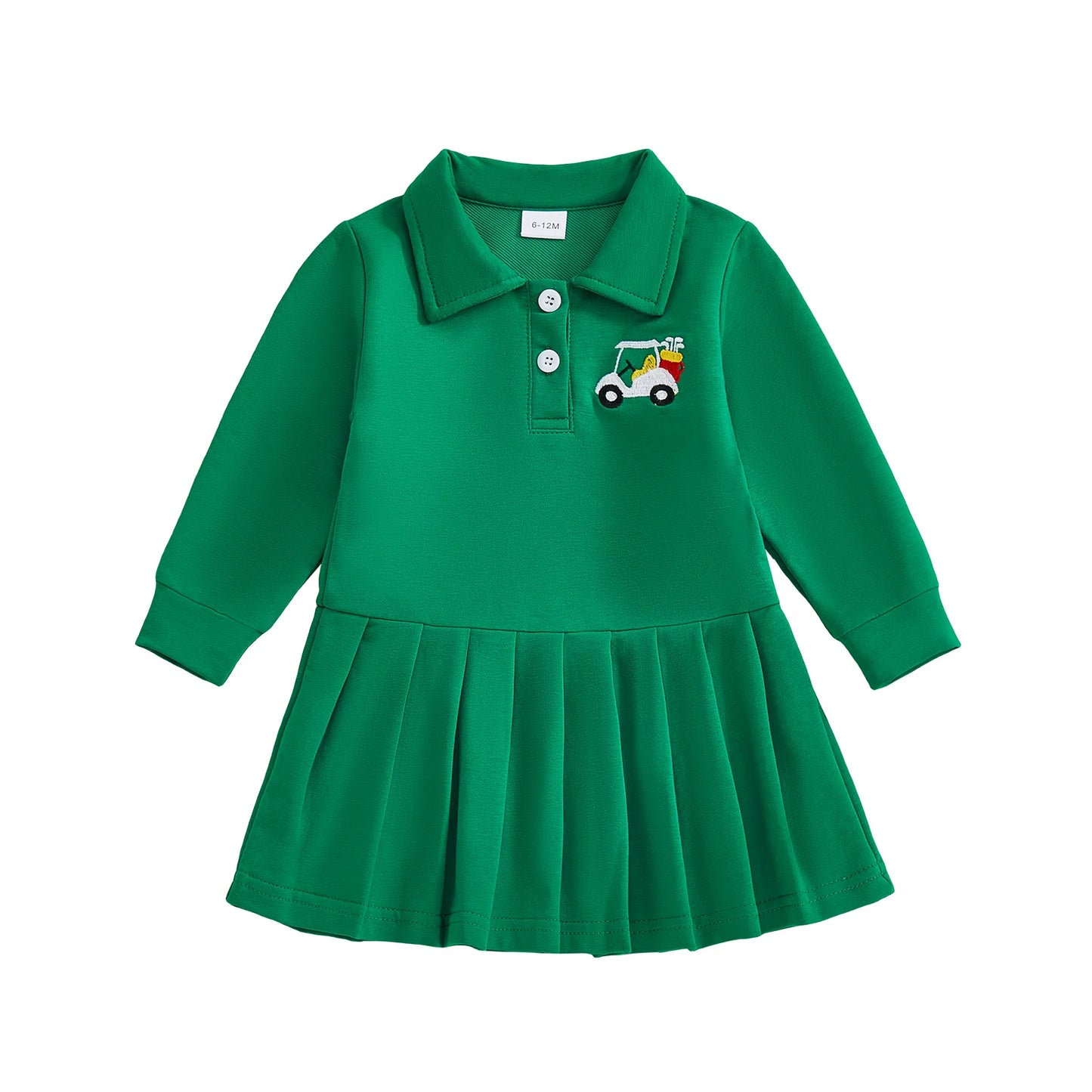 Baby Toddler Girls Casual Dress Long Sleeve Button Closure Embroidery Golf Cart Pleated Fall Dress
