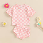 Baby Toddler Girls 2Pcs Summer Set Short Sleeve Checkerboard Flower Print Top Shorts Bloomers Outfit