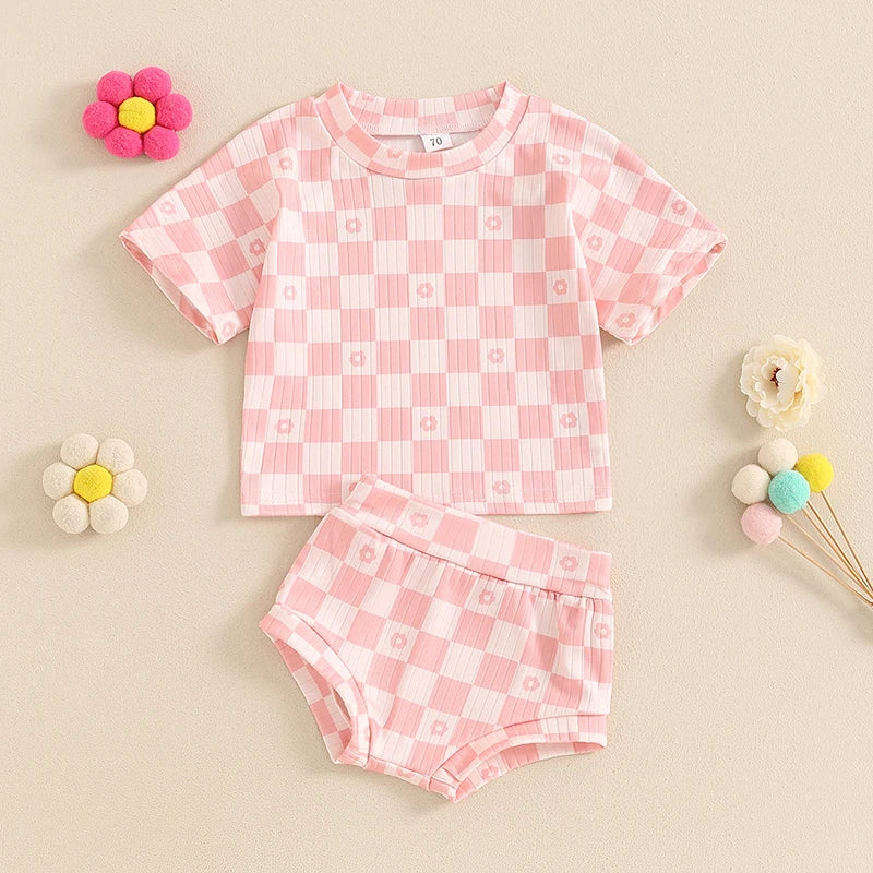 Baby Toddler Girls 2Pcs Summer Set Short Sleeve Checkerboard Flower Print Top Shorts Bloomers Outfit