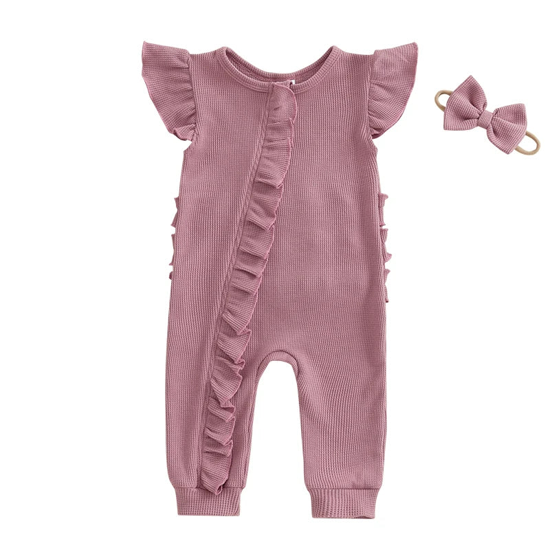 Baby Girl 2Pcs Spring Summer Outfit Ruffle Sleeveless Short Sleeve Zip Up Jumpsuit Zipper Romper with Headband Bow Set Clothes