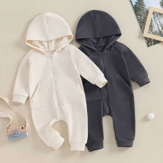 Baby Boy Girl Zipper Romper Long Sleeve Hooded Jumpsuit Solid Color Warm Bodysuit