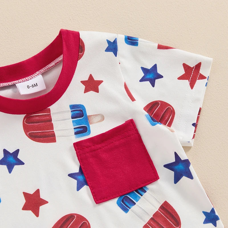 Baby Toddler Boy 2Pcs 4th of July Outfit Star Popsicle Print Short Sleeve Top with Pocket + Elastic Waist Shorts Independence Day Set