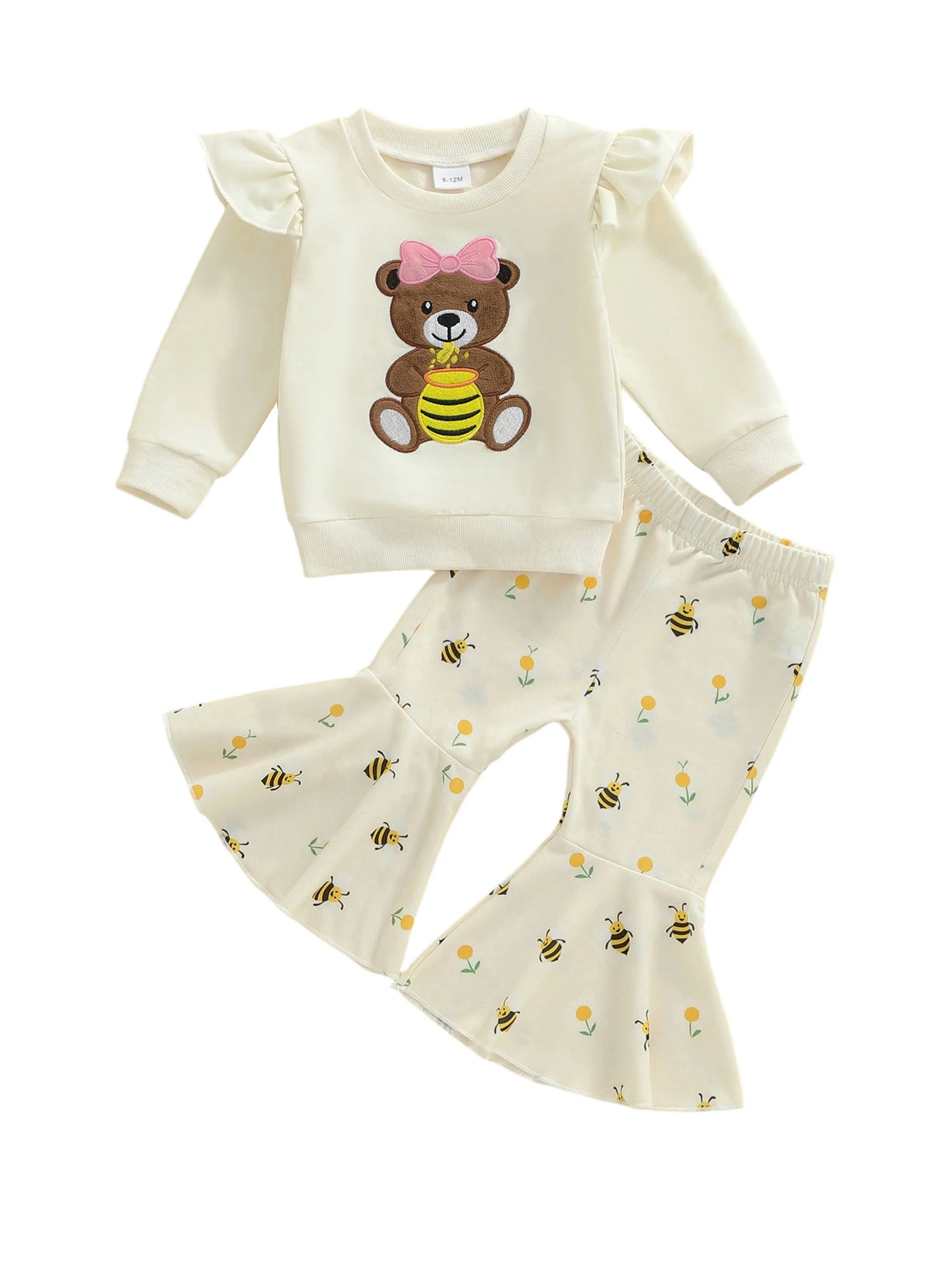 Baby Toddler Girls 2Pcs Pants Sets Long Sleeve O Neck Bear Embroidery Top Bee Print Flared Pants
