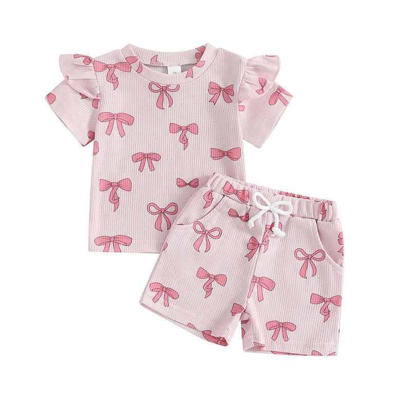 Baby Toddler Girls 2Pcs Summer Clothes Bow Print Short Frill Sleeve O-Neck T-Shirt Top with Elastic Waist Shorts Set Outfit