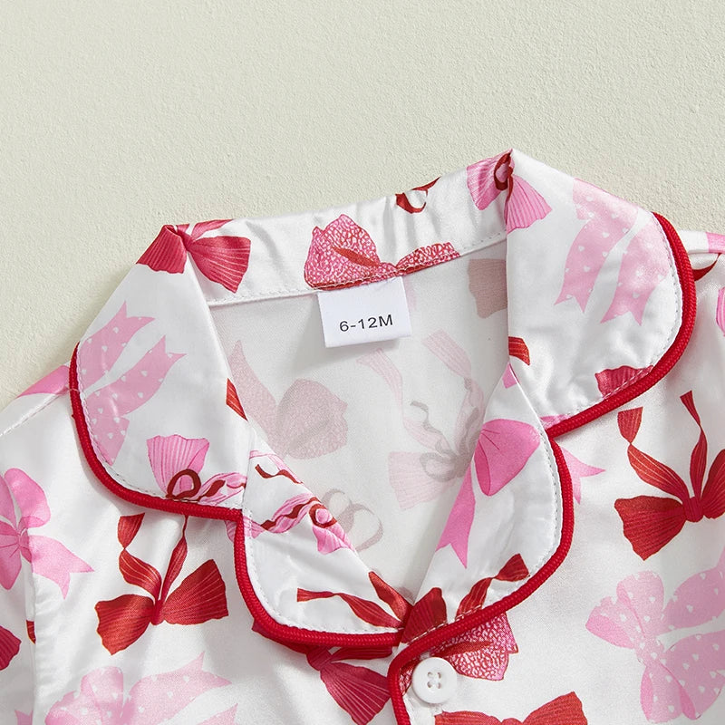 Baby Toddler Girl 2Pcs Pajamas Set Bow Pattern Button Down V Neck Long Sleeve Top and Pants Lounge Wear 2 Pcs PJs Set for Fall Winter