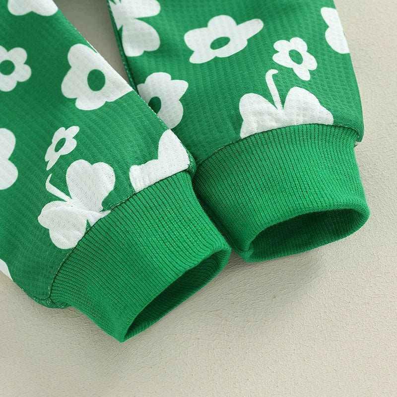 Toddler Baby Girl Boy 3Pcs St. Patrick's Day Outfit Long Sleeve Flower Shamrock Print Crewneck Top Pants with Bow Headband Set