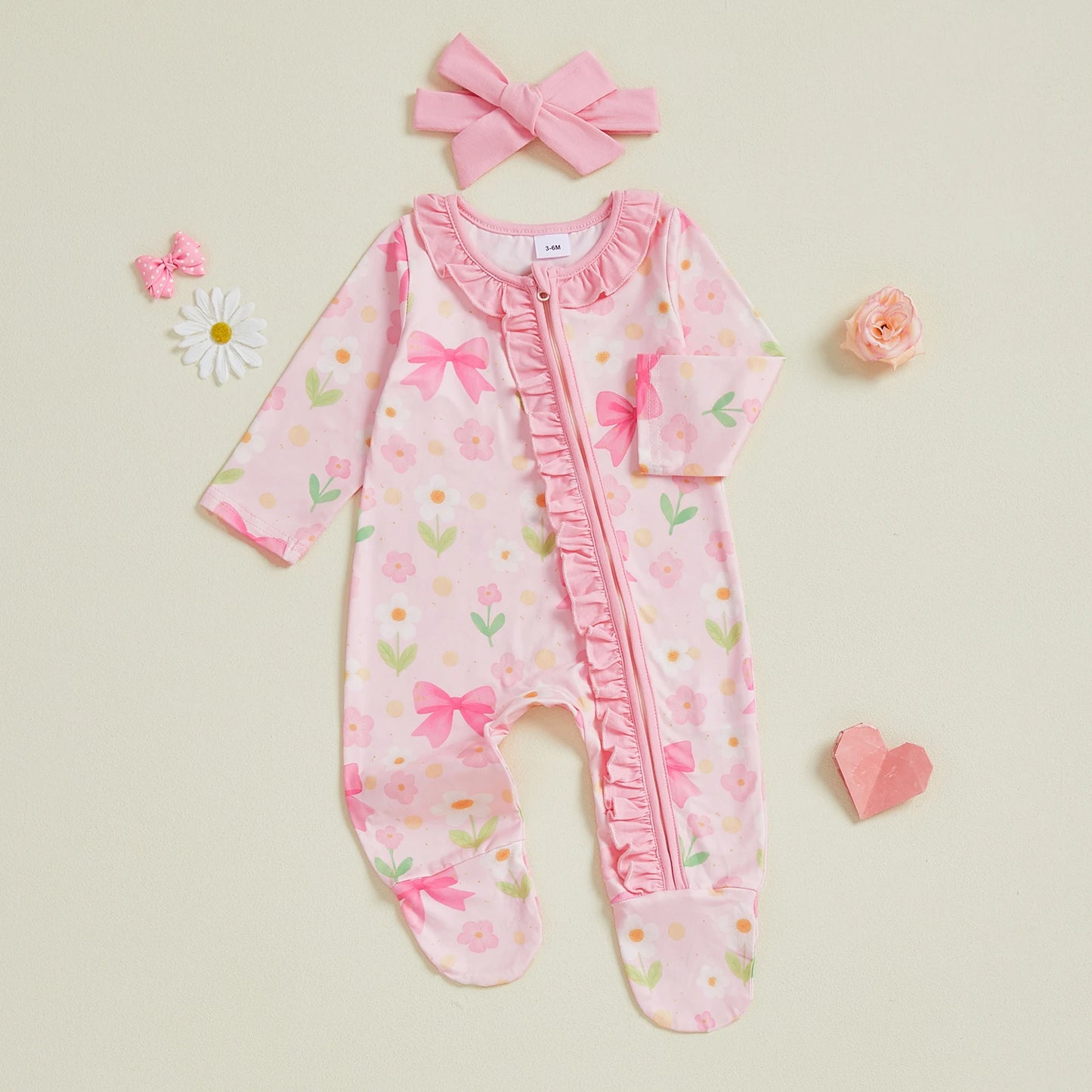 Baby Girl 2Pcs Footed Zipper Romper Floral Print Long Sleeve Zip Up Round Neck Ruffled Jumpsuit with Headband Set