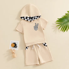 Load image into Gallery viewer, Toddler Baby Boy 2Pcs Outfit Short Sleeve Peace Sign Hand Checkered Print Hooded Top with Elastic Waist Shorts Set
