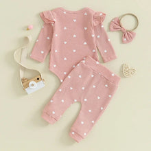 Load image into Gallery viewer, Baby Toddler Girl 3Pcs Clothes Set Waffle Knit Heart Print Long Sleeve Romper Pants Headband Bow Outfit
