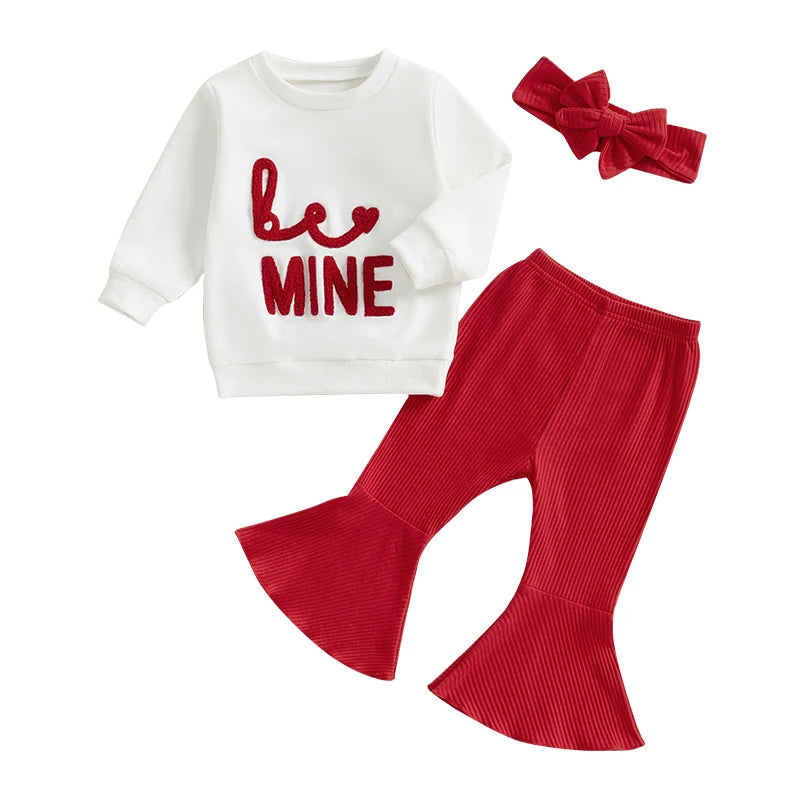 Baby Toddler Girls 3Pcs Valentine's Day Outfit Long Sleeve Embroidery Be Mine Letter Crewneck Top with Flare Pants and Headband Outfit Valentines Set