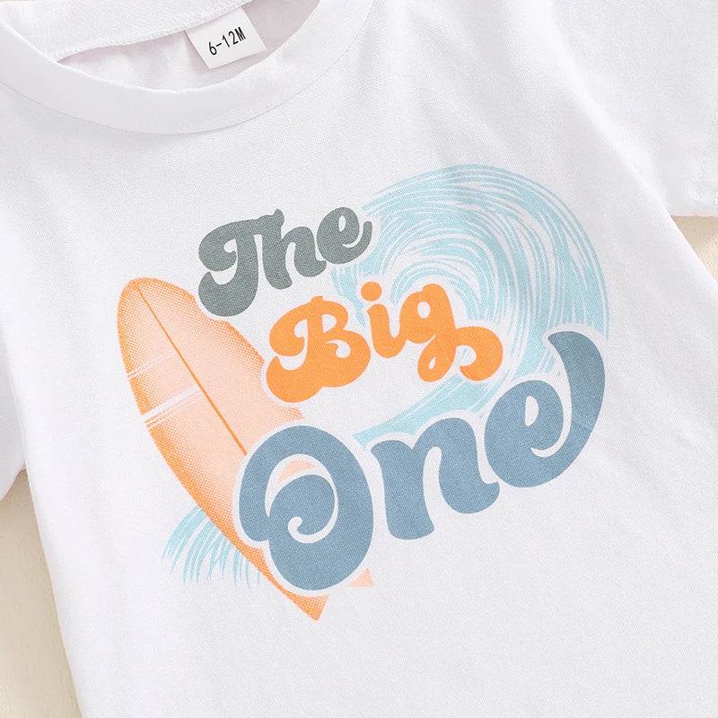 Baby Boys 2Pcs The Big One Birthday Outfit Letter Surfboard Print Short Sleeve Top and Shorts Summer One Yea Old Outfit Set