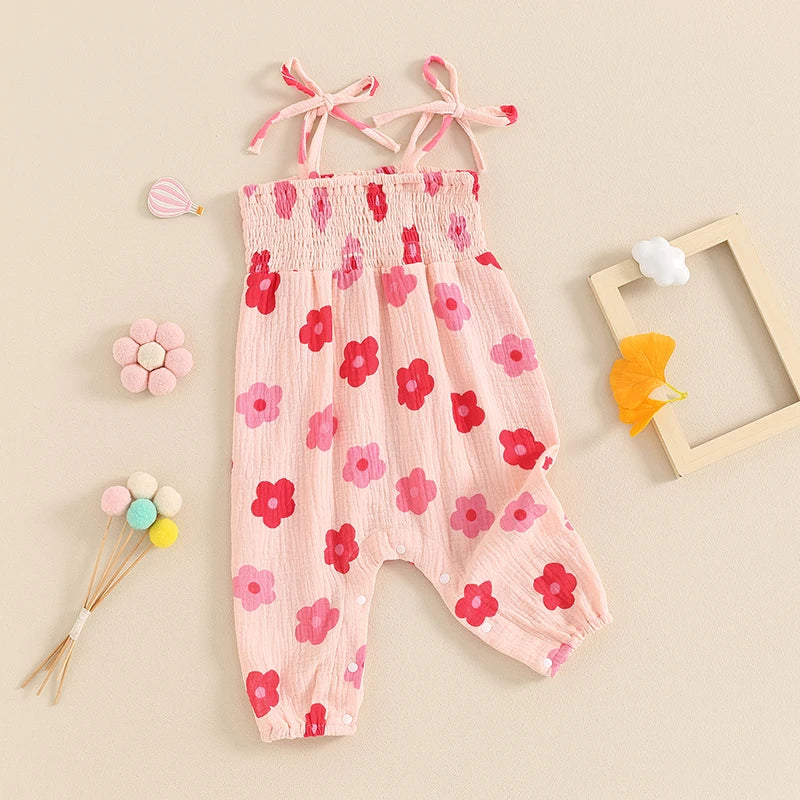 Baby Girl Romper Flower Print Shirred Square Neck Tie-Up Spaghetti Strap Tank Top Jumpsuit Summer Overalls