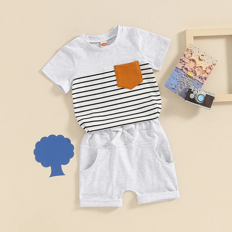 Toddler Baby Boy 2Pcs Summer Outfit Stripe Print Short Sleeve Pocket Top with Solid Color Shorts Set