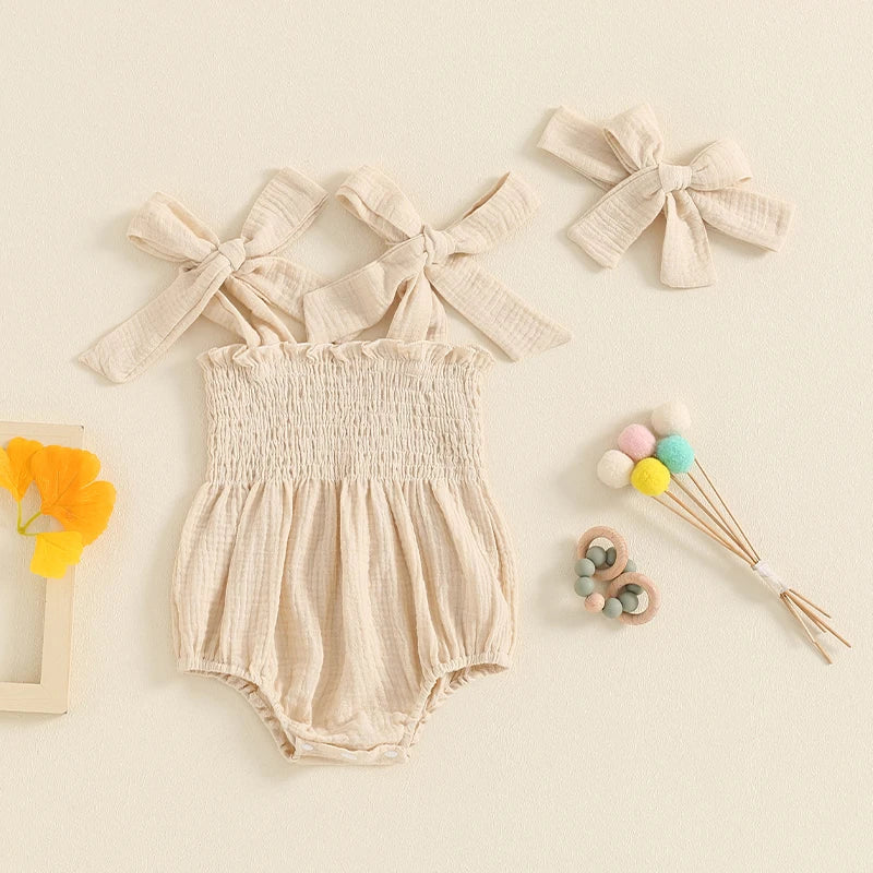 Baby Girl 2Pcs Summer Outfit Cute Sleeveless Tie Shoulder Strap Tank Romper with Headband Set