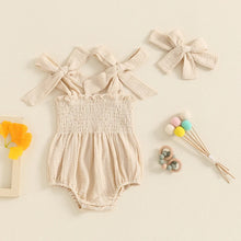 Load image into Gallery viewer, Baby Girl 2Pcs Summer Outfit Cute Sleeveless Tie Shoulder Strap Tank Romper with Headband Set
