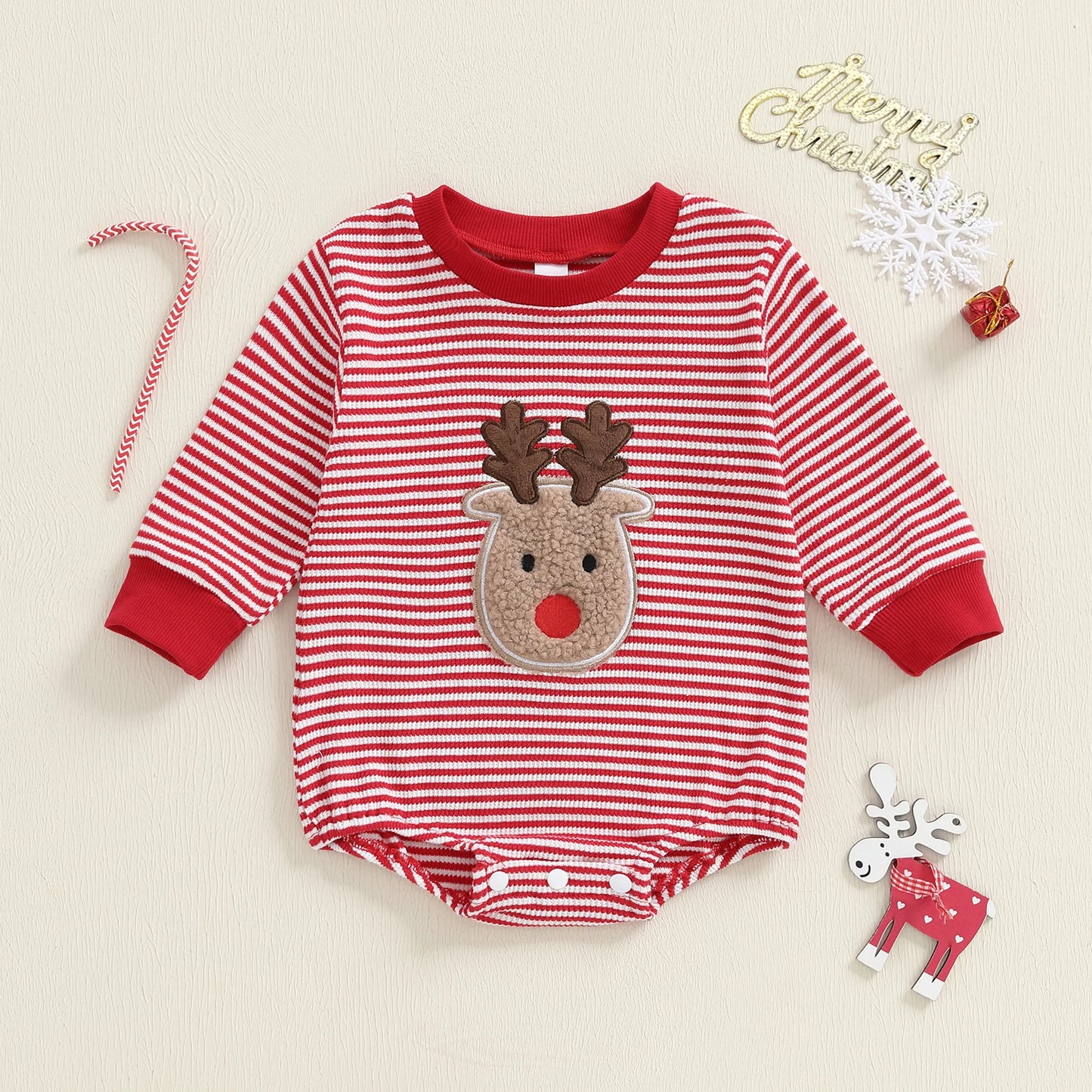 Baby Boys Girls Striped Romper Fashionable Christmas Reindeer Embroidery Round Neck Long Sleeve Jumpsuit