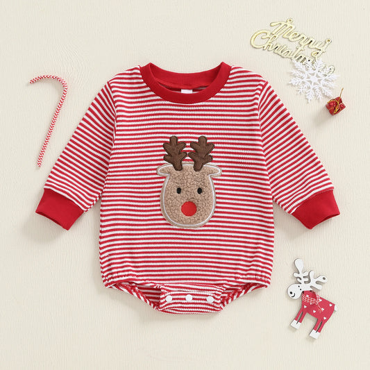 Baby Boys Girls Striped Romper Fashionable Christmas Reindeer Embroidery Round Neck Long Sleeve Jumpsuit