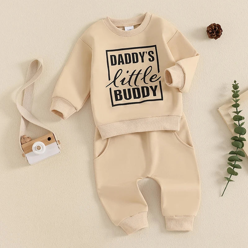 Baby Toddler Boys 2Pcs Daddy's Little Buddy Jogger Set Long Sleeve Letters Print Top with Elastic Waist Pants Outfit