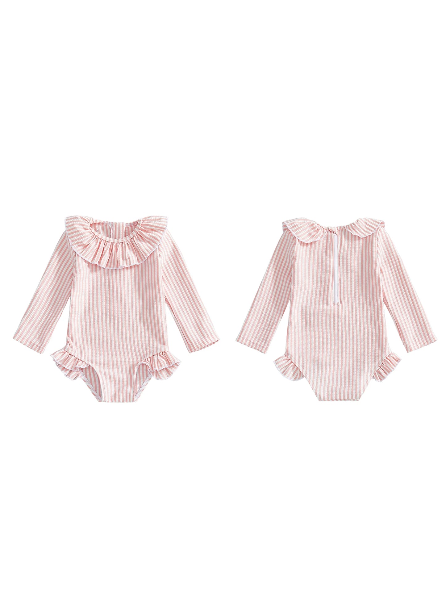 Baby Toddler Girl Rash Guard Swimsuit Long Sleeve Ruffled Collar Striped Swimwear Bathing Suit for Beach Pool