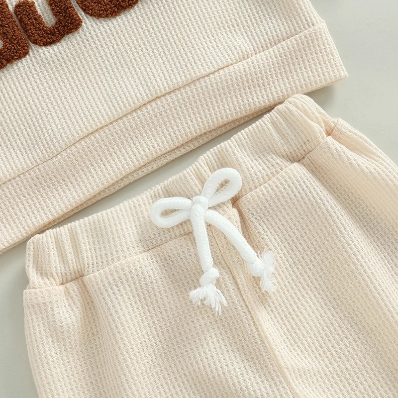 Baby Toddler Boys 2Pcs Little Dude Waffle Outfit Letter Embroidery Long Sleeve Top with Elastic Waist Solid Pants Set