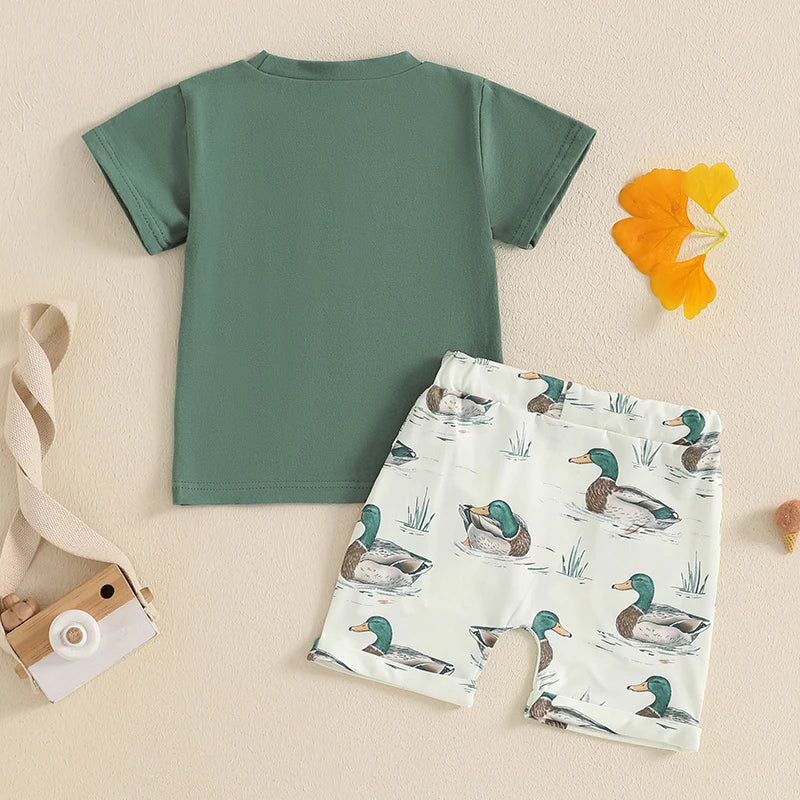 Baby Toddler Boys 2Pcs Duck Print Spring Outfit Short Sleeve T-Shirt Top Elastic Waist Shorts Farm Clothes Summer Set