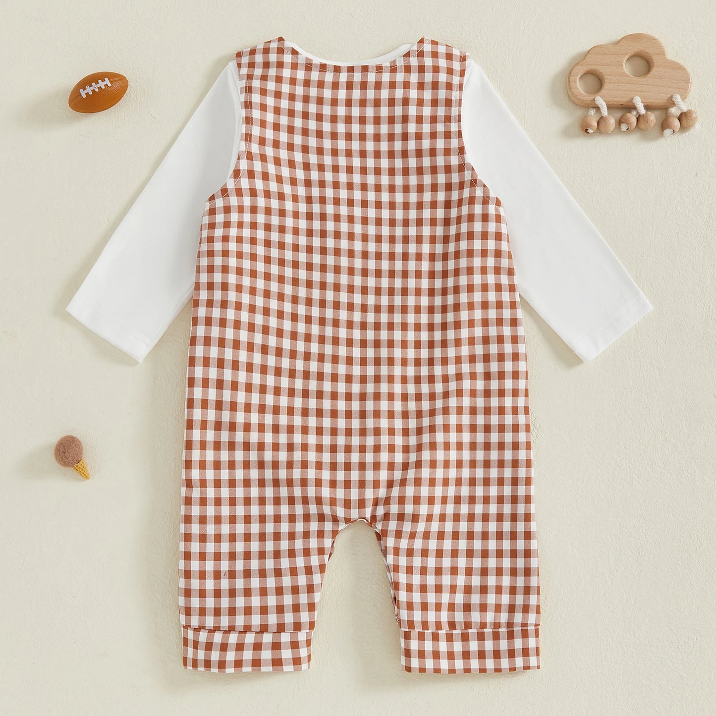 Baby Boy 2Pcs Fall Outfit Crew Neck Long Sleeve Romper and Truck Football Embroidery Plaid Overall Pants Set
