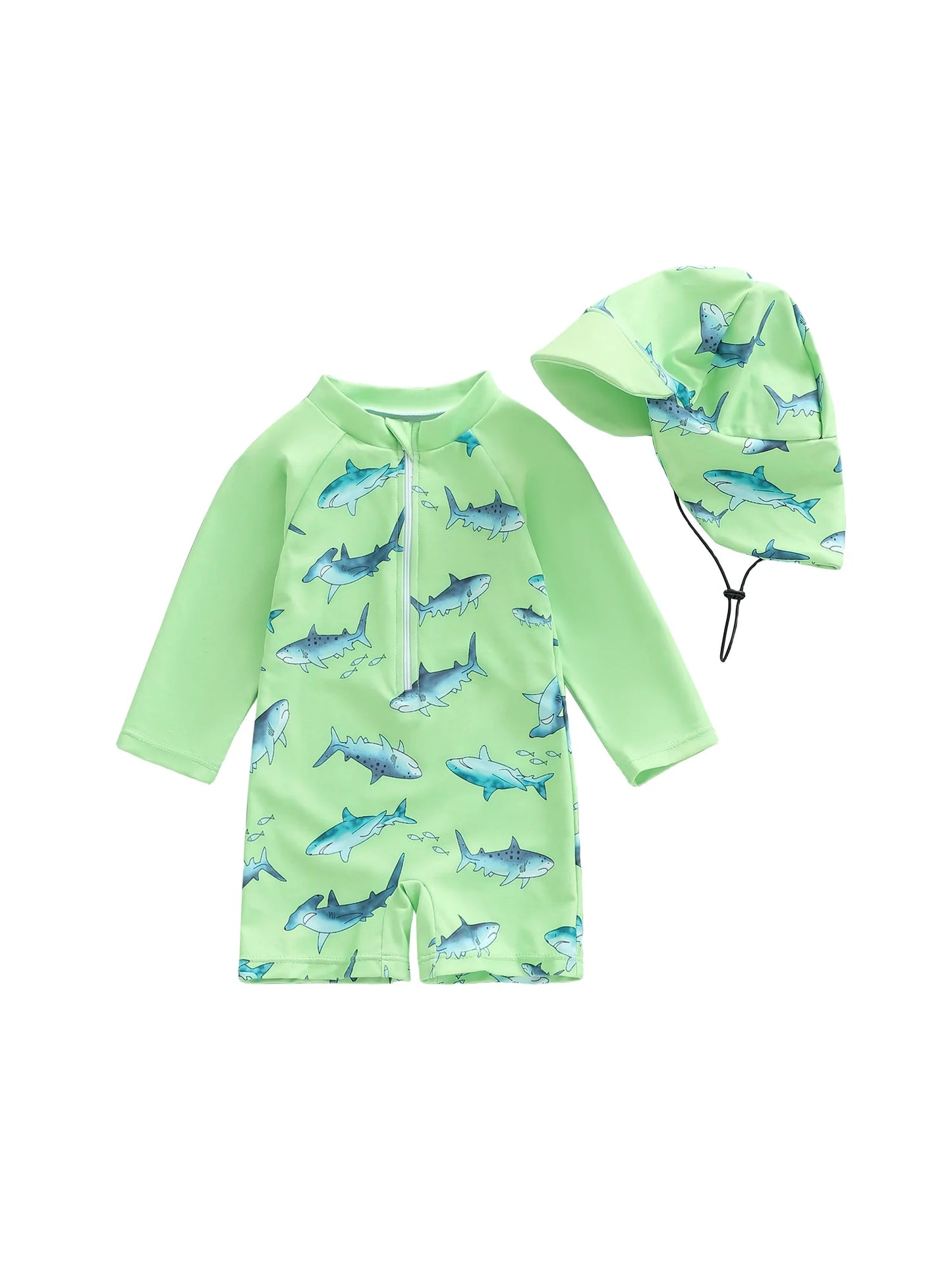 Baby Toddler Boys 2Pcs Casual Shark Print Zipper Long Sleeve Bathing Suit Romper with Swim Cap Set