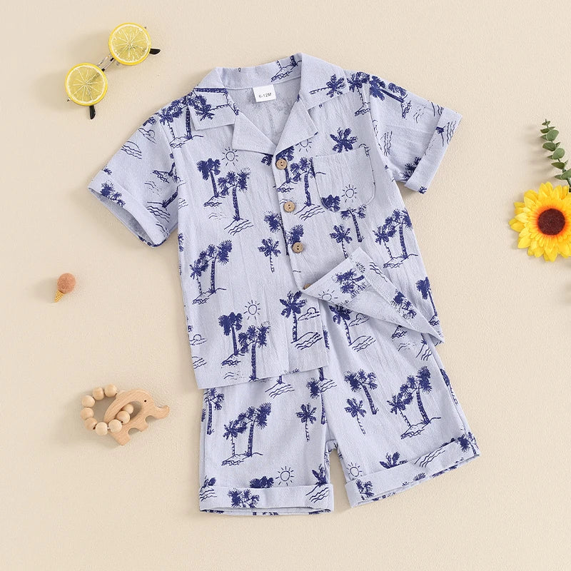 Baby Toddler Boy 2Pcs Summer Outfit Animal Palm Tree Print Lapel Neck Short Sleeve Button Down Shirt Elastic Waist Shorts Set