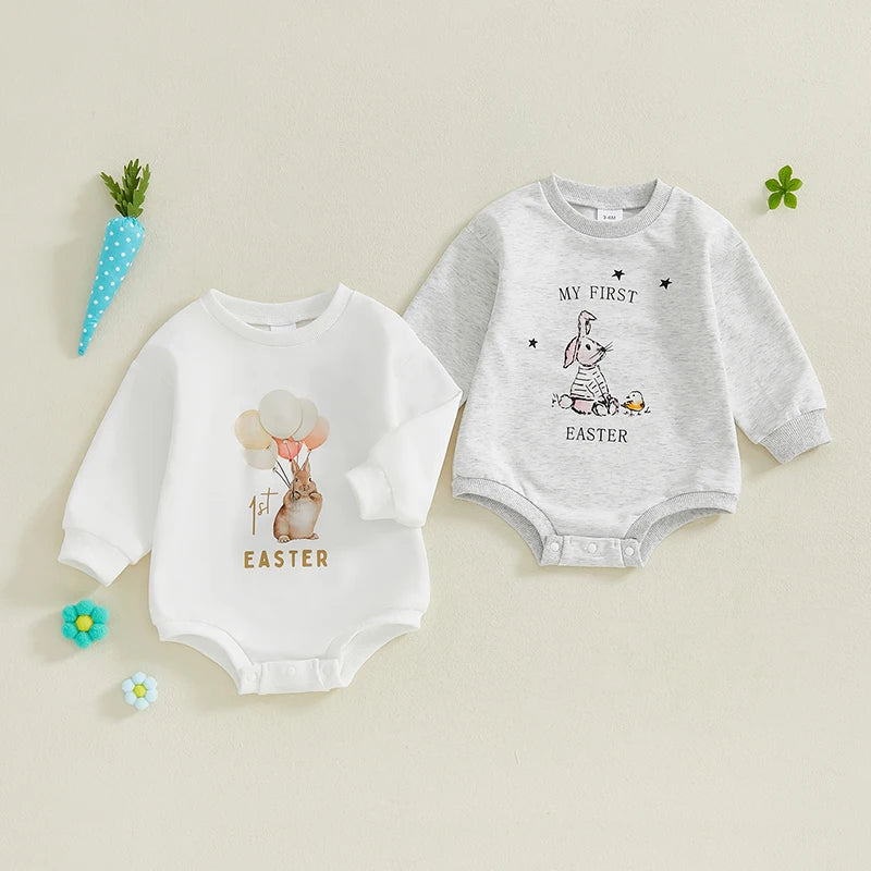 Baby Boys Girls My First 1st Easter Bubble Romper Bunny Rabbit Letter Pattern Long Sleeve Crew Neck Jumpsuit