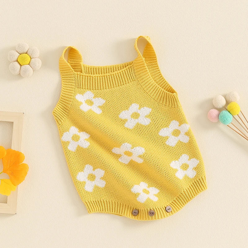 Baby Girl Summer Knit Romper Casual Floral Print Sleeveless Jumpsuit